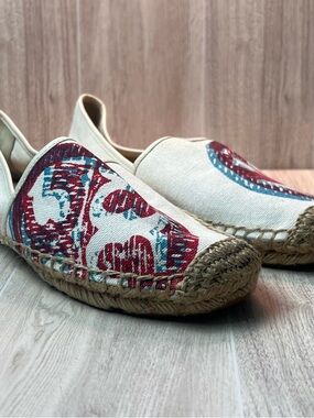 Tory Burch Cream Canvas Espadrilles with Red and Blue Print